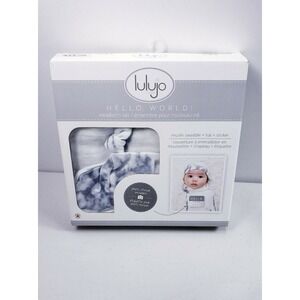 Lulujo Hello World Baby Hat & Muslin Swaddle Blanket and Sticker Set